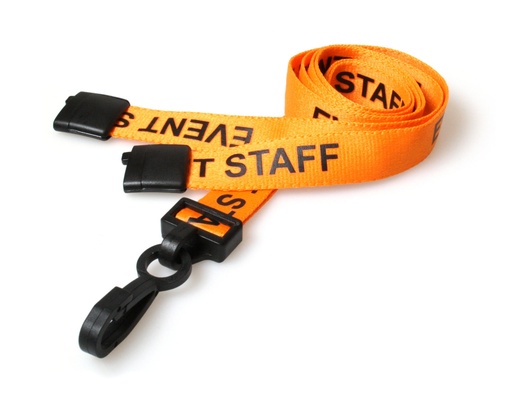 [L-B-EVENTSTAFFORP] 15mm Recycled Orange Event Staff Lanyards with Plastic J Clip (Pack of 100)