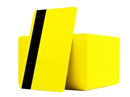 Stack of 10 yellow blank plastic cards with magnetic stripe on one side